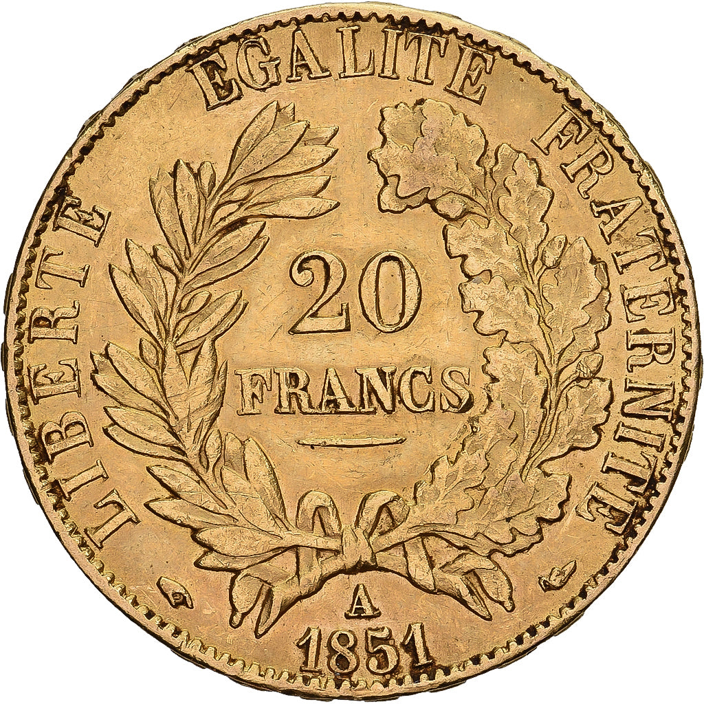 France, 20 Francs, Cérès, 1851, Paris, Gold, AU(50-53), KM:762