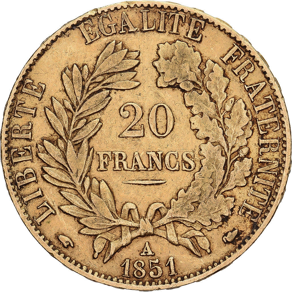 Francja, 20 Francs, Cérès, 1851, Paris, Złoto, AU(50-53), KM:762