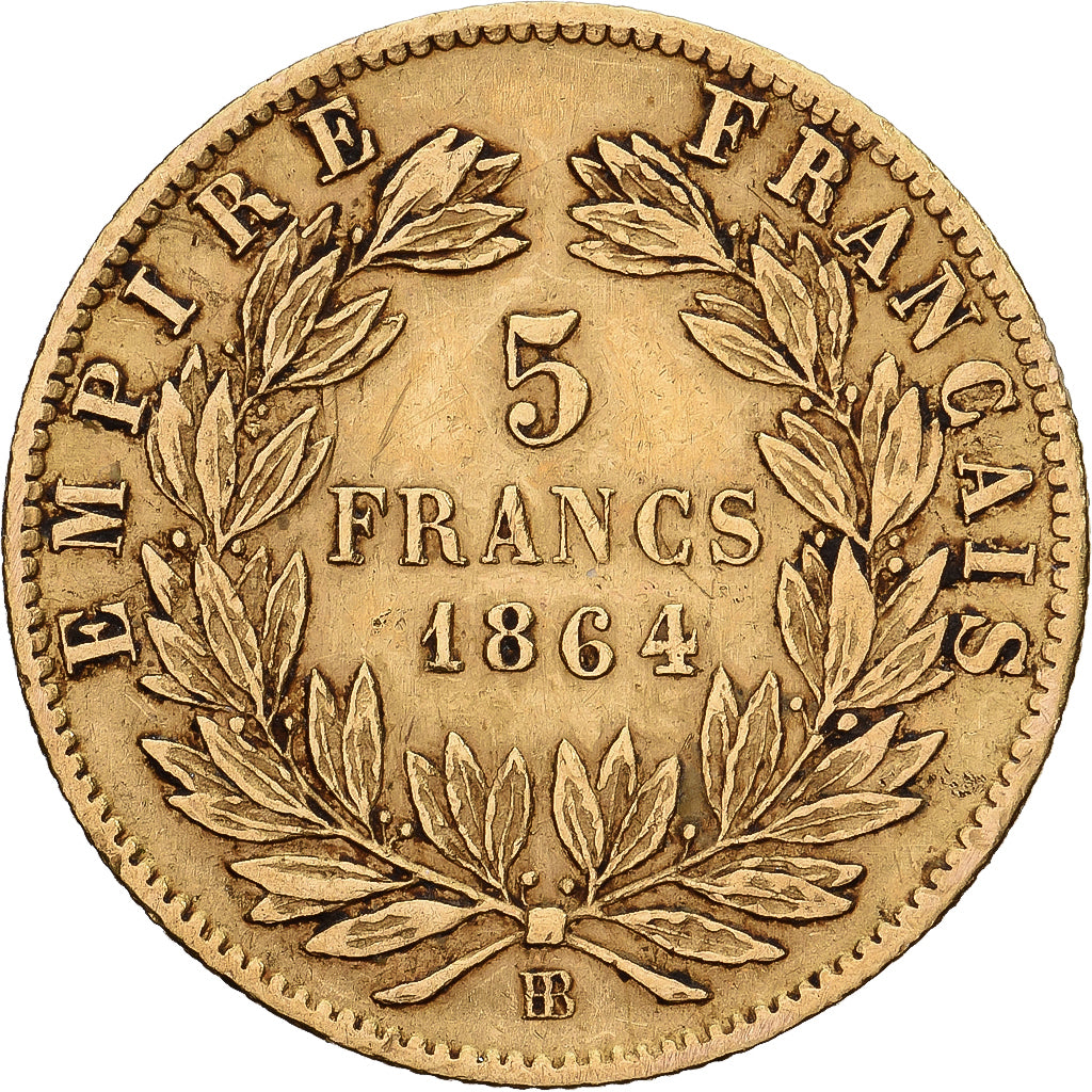 France, Napoleon III, 5 Francs, Napoléon III, 1864, Strasbourg, Gold