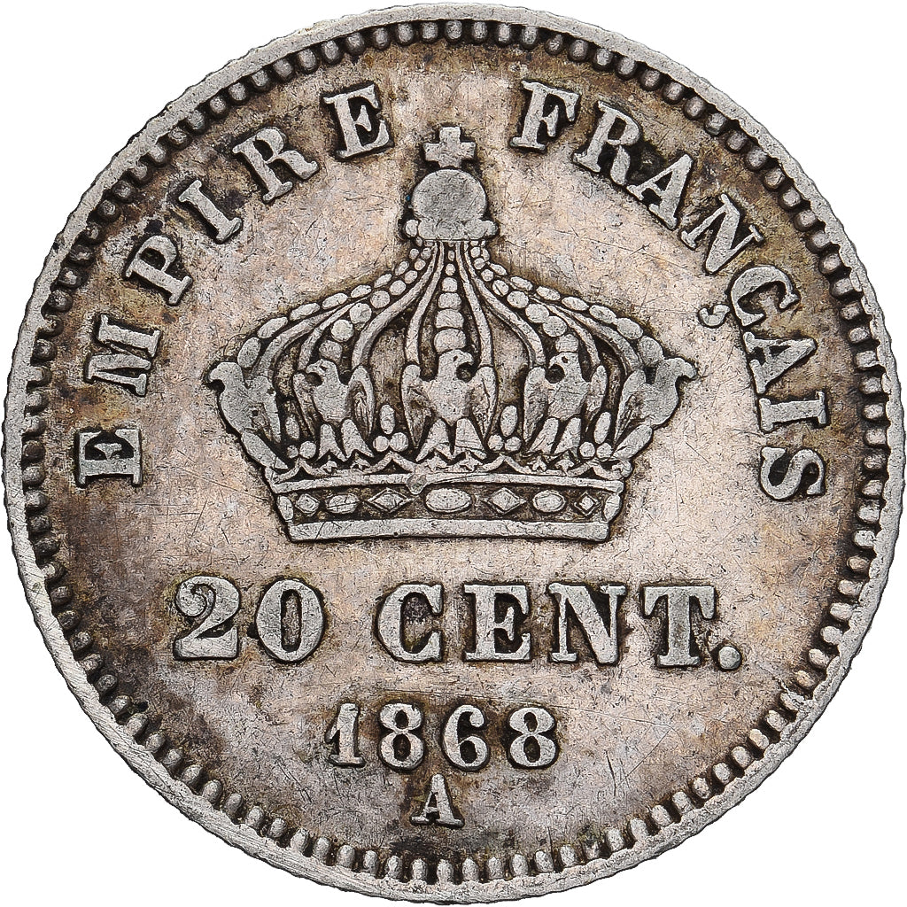 France, Napoleon III, 20 Centimes, Napoléon III, 1868, Paris, Silver