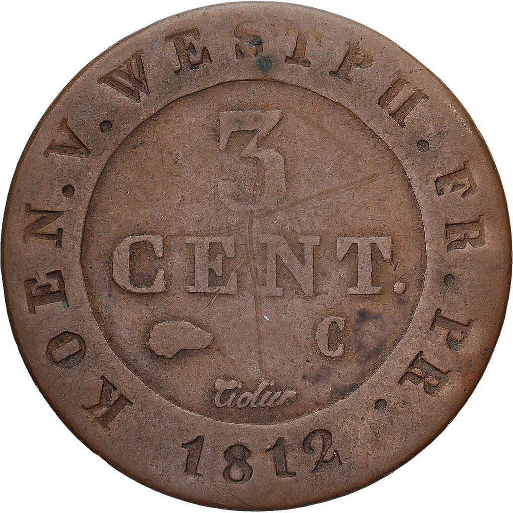 Duitse staten, WESTPHALIA, Jerome, 3 Centimes, 1812, Kassel, Koper, FR+, KM:92