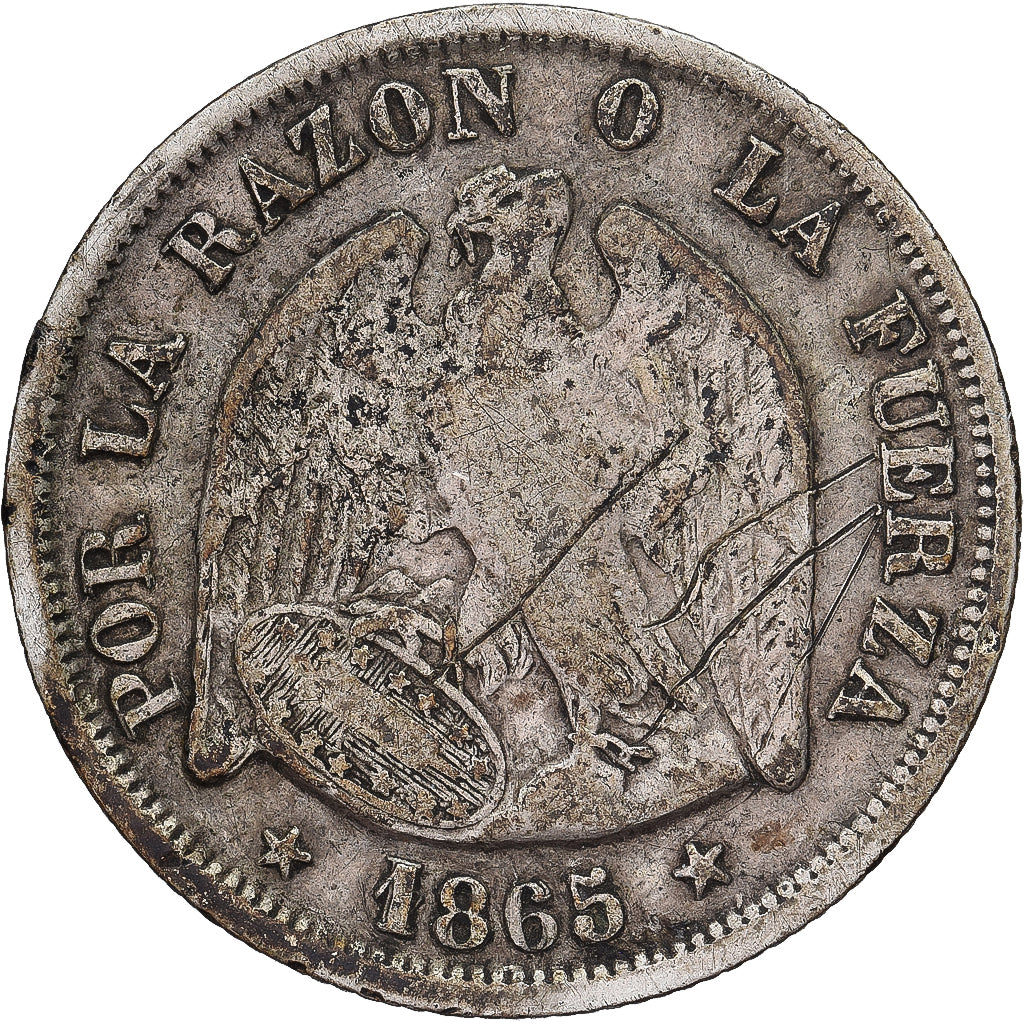 Chile, 20 Centavos, 1865, Santiago, Plata, BC+, KM:135