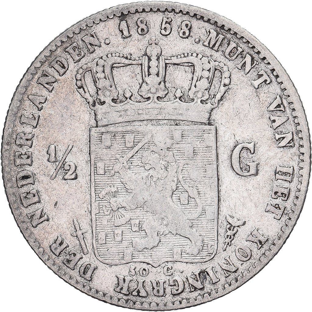 Paesi Bassi, William III, 1/2 Gulden, 1858, Utrecht, Argento, MB, KM:92