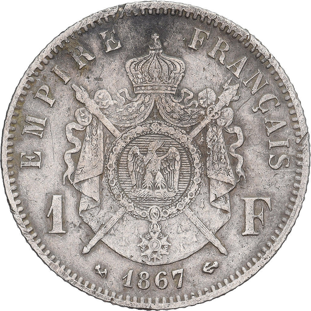 France, Napoleon III, Franc, Napoléon III, 1867, Bordeaux, Silver, VF(30-35)