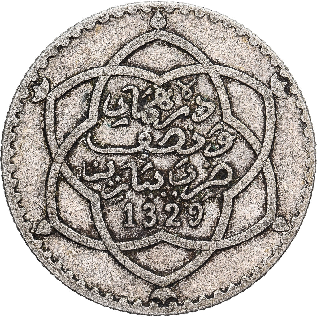 Marrocos, 'Abd al-Hafiz, 1/4 Rial, 2-1/2 Dirhams, 1911/AH1329, bi-Bariz, Prata