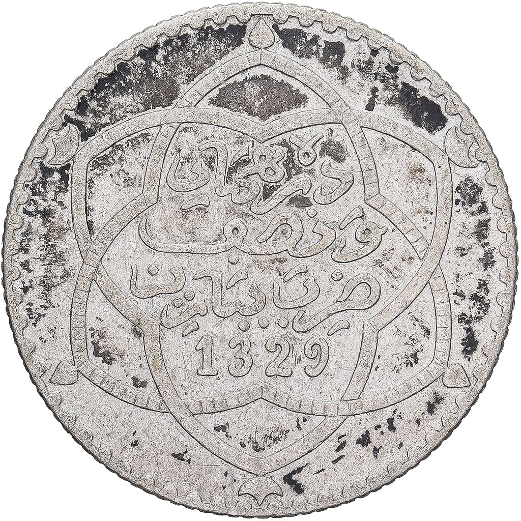 Marruecos, 'Abd al-Hafiz, 1/4 Rial, 2-1/2 Dirhams, 1911/AH1329, bi-Bariz, Plata