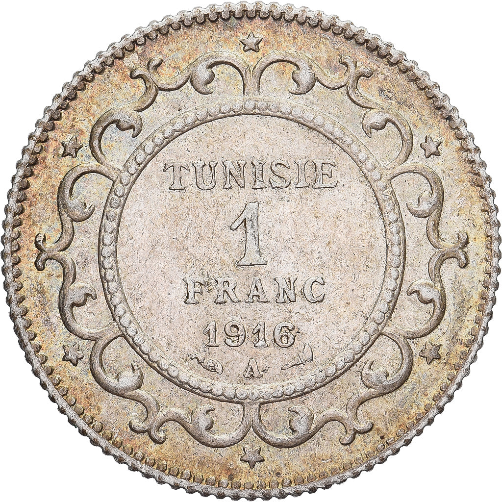 Tunisië, Muhammad al-Nasir Bey, Franc, 1916, Paris, Zilver, PR, KM:238