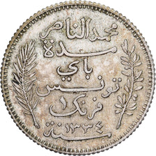 Tunisia, Muhammad al-Nasir Bey, Franc, 1915, Paris, Silver, EF(40-45), KM:238