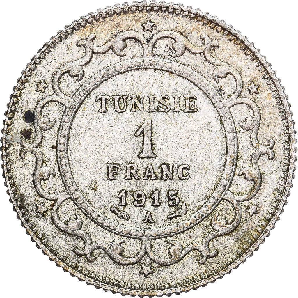 Tunísia, Muhammad al-Nasir Bey, Franc, 1915, Paris, Prata, EF(40-45), KM:238