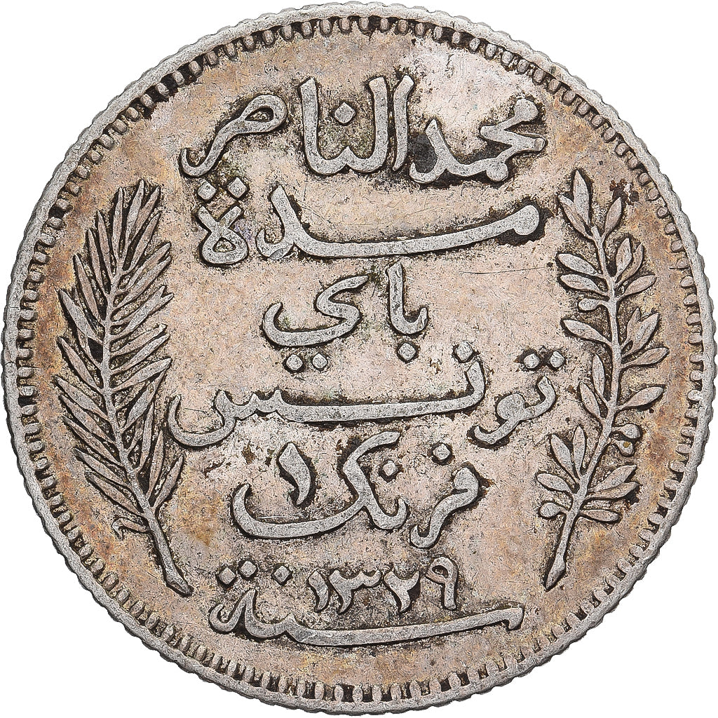 Tunisië, Muhammad al-Nasir Bey, Franc, 1911, Paris, Zilver, ZF, KM:238