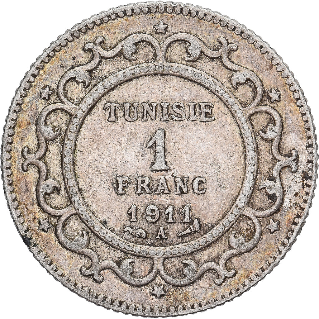 Tunisië, Muhammad al-Nasir Bey, Franc, 1911, Paris, Zilver, ZF, KM:238