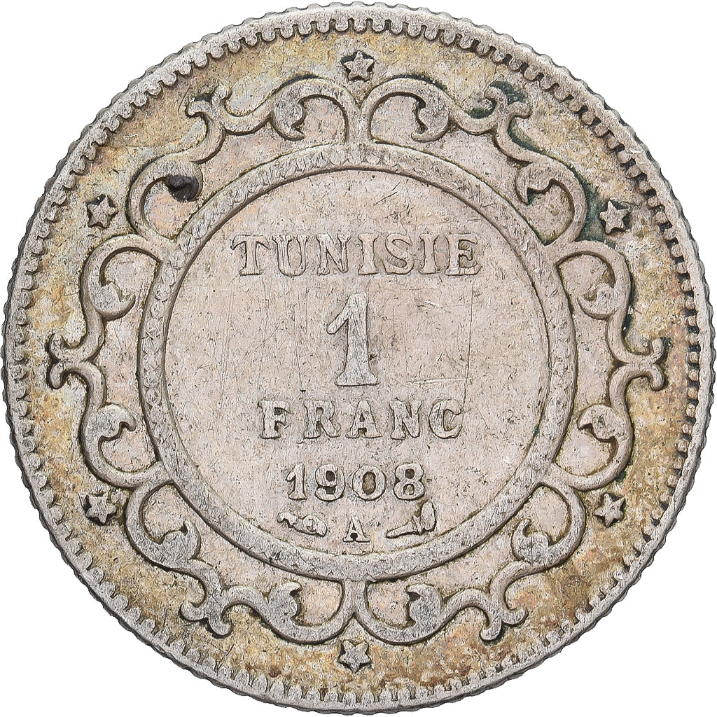 Tunisia, Muhammad al-Nasir Bey, Franc, 1908, Paris, Silver, VF(30-35), KM:238