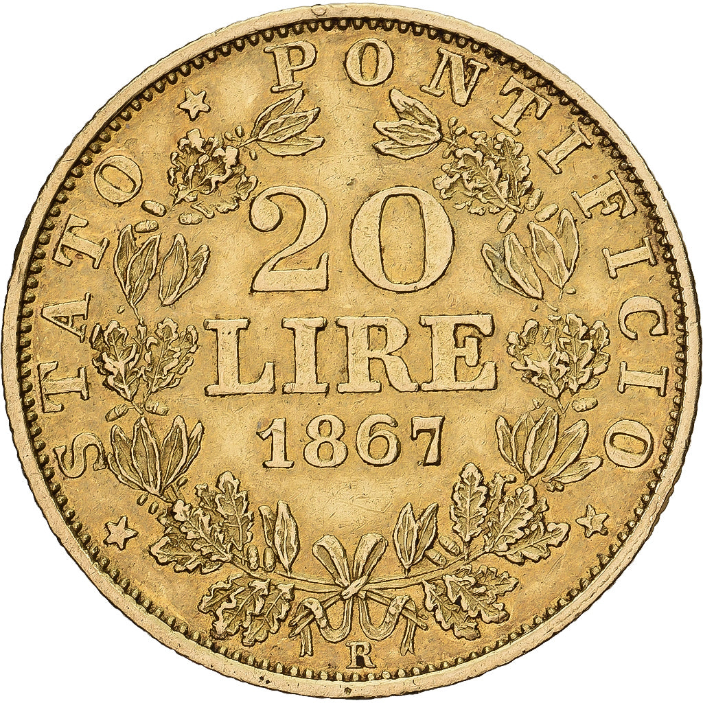 Vatican, PAPAL STATES, Pius IX, 20 Lire, 1867, Rome, Gold, AU(50-53), KM:1382.3