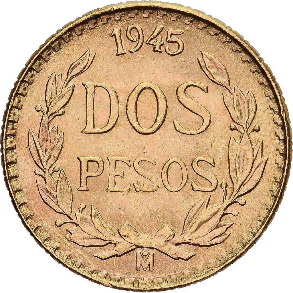 Mexico, 2 Pesos, 1945, Mexico City, Gold, AU(55-58), KM:461