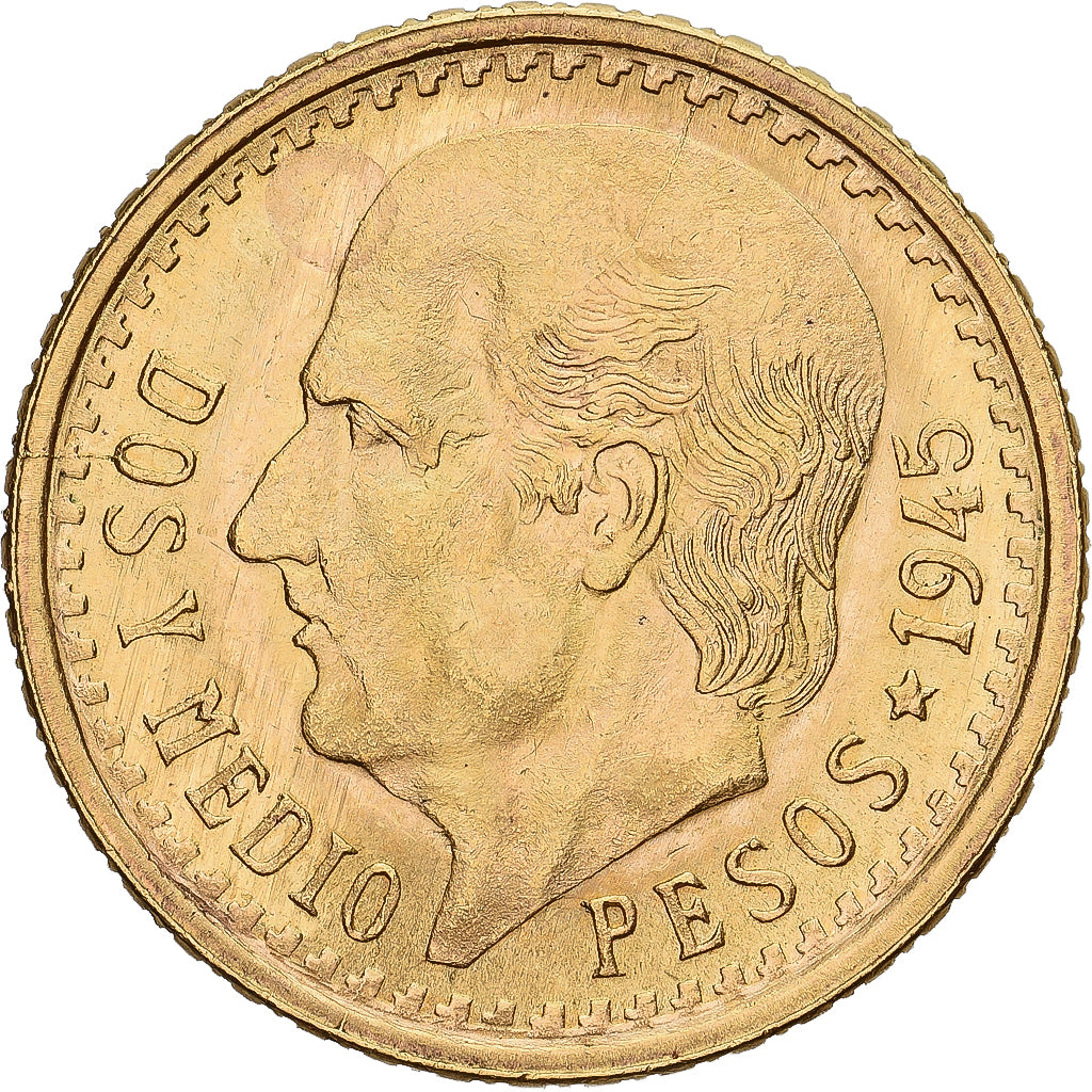 Mexico, 2-1/2 Pesos, 1945, Mexico City, Gold, AU(50-53), KM:463