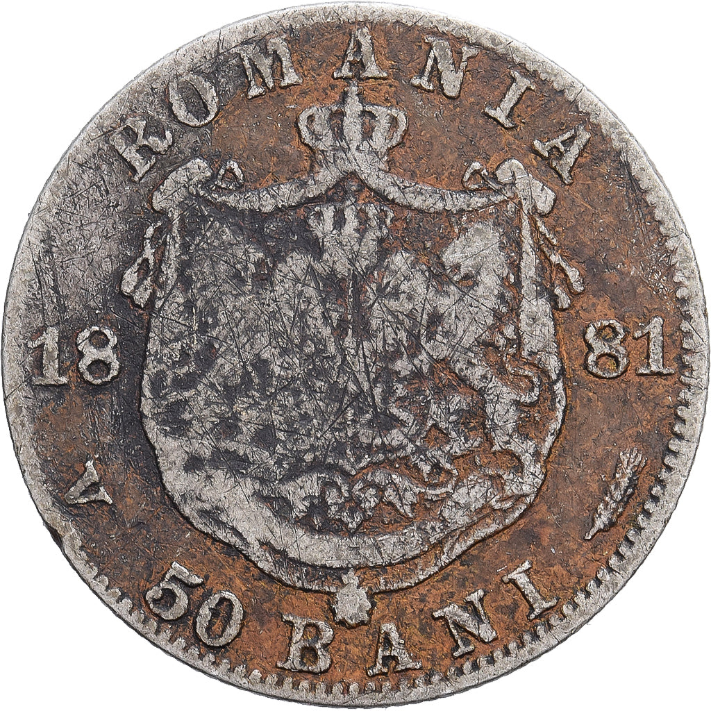 Roménia, Carol I, 50 Bani, 1881, Bucharest, Prata, VF(30-35), KM:13