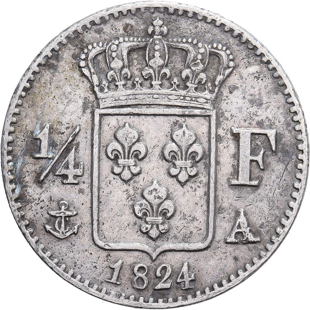 Francia, Louis XVIII, 1/4 Franc, Louis XVIII, 1824, Paris, Plata, MBC+, KM:714.1