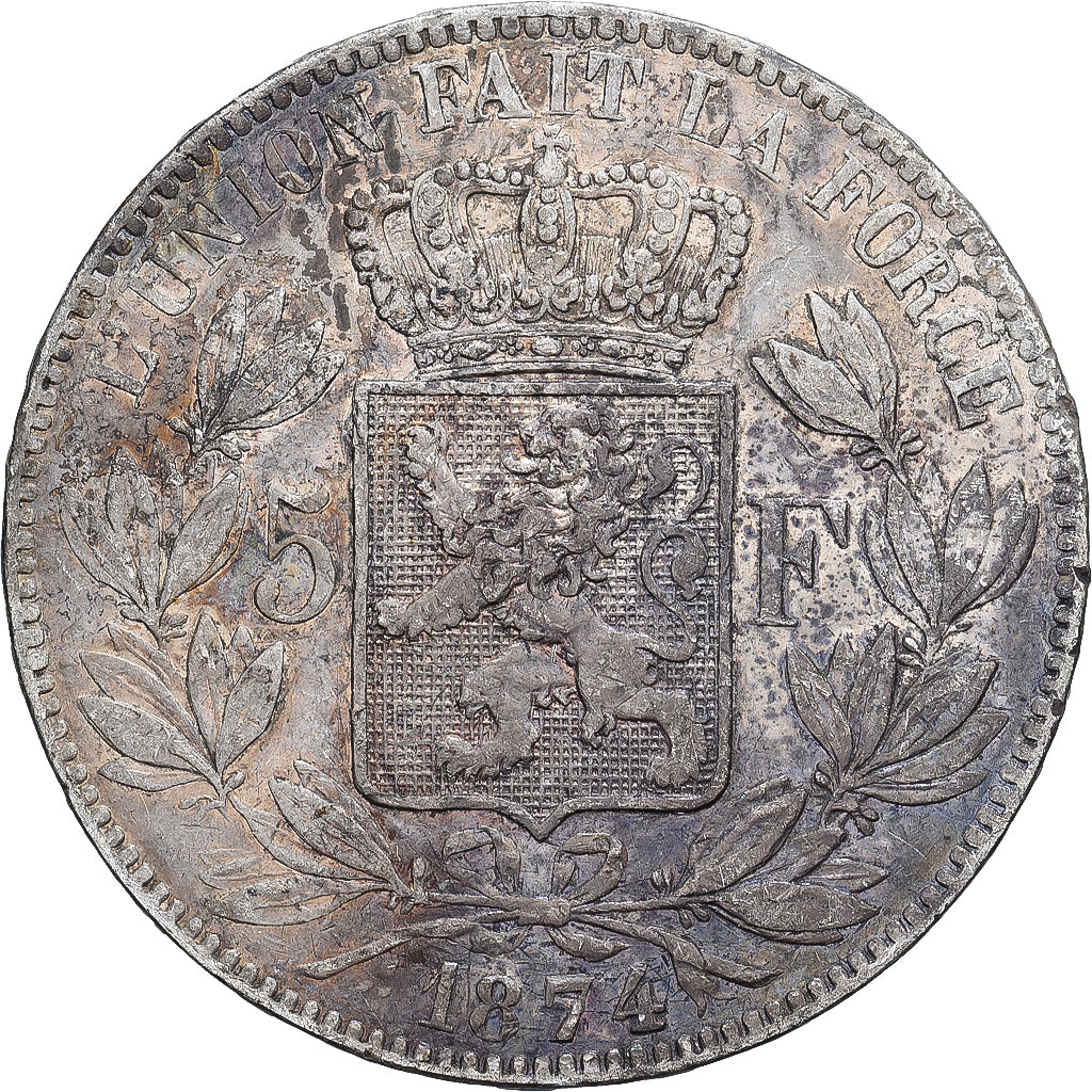 België, Leopold II, 5 Francs, 5 Frank, 1874, Brussels, Zilver, ZF, KM:24