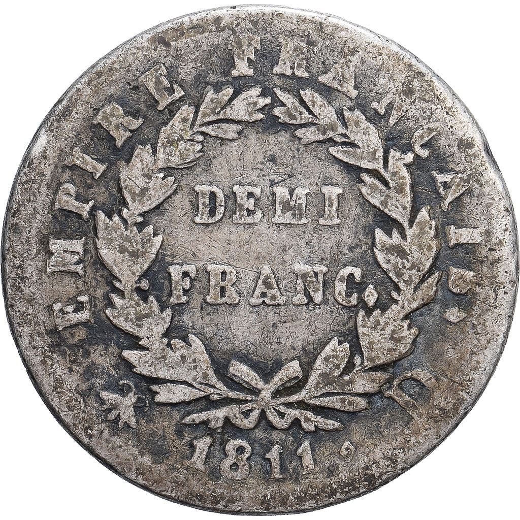 France, 1/2 Franc, Napoléon I, 1811, Lyon, Silver, VF(20-25), KM:691.5