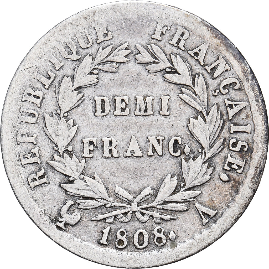 França, 1/2 Franc, Napoléon I, 1808, Paris, Prata, VF(30-35), KM:680.1