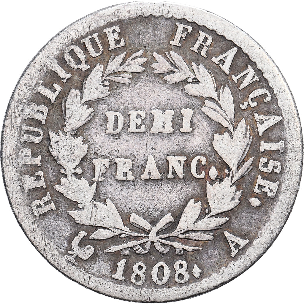 France, 1/2 Franc, Napoléon I, 1808, Paris, Silver, VF(30-35), KM:680.1