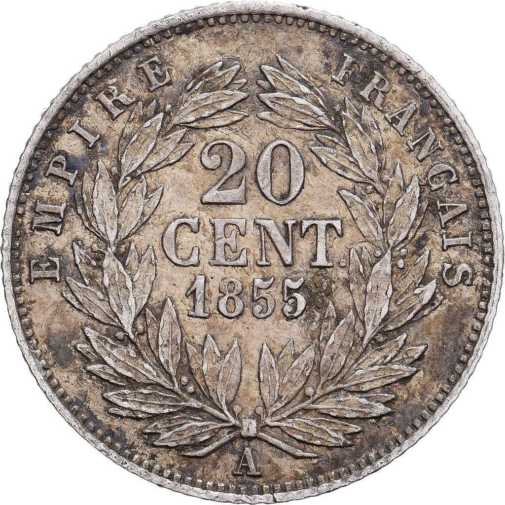 Francia, Napoleon III, 20 Centimes, Napoléon III, 1855, Paris, Plata, MBC