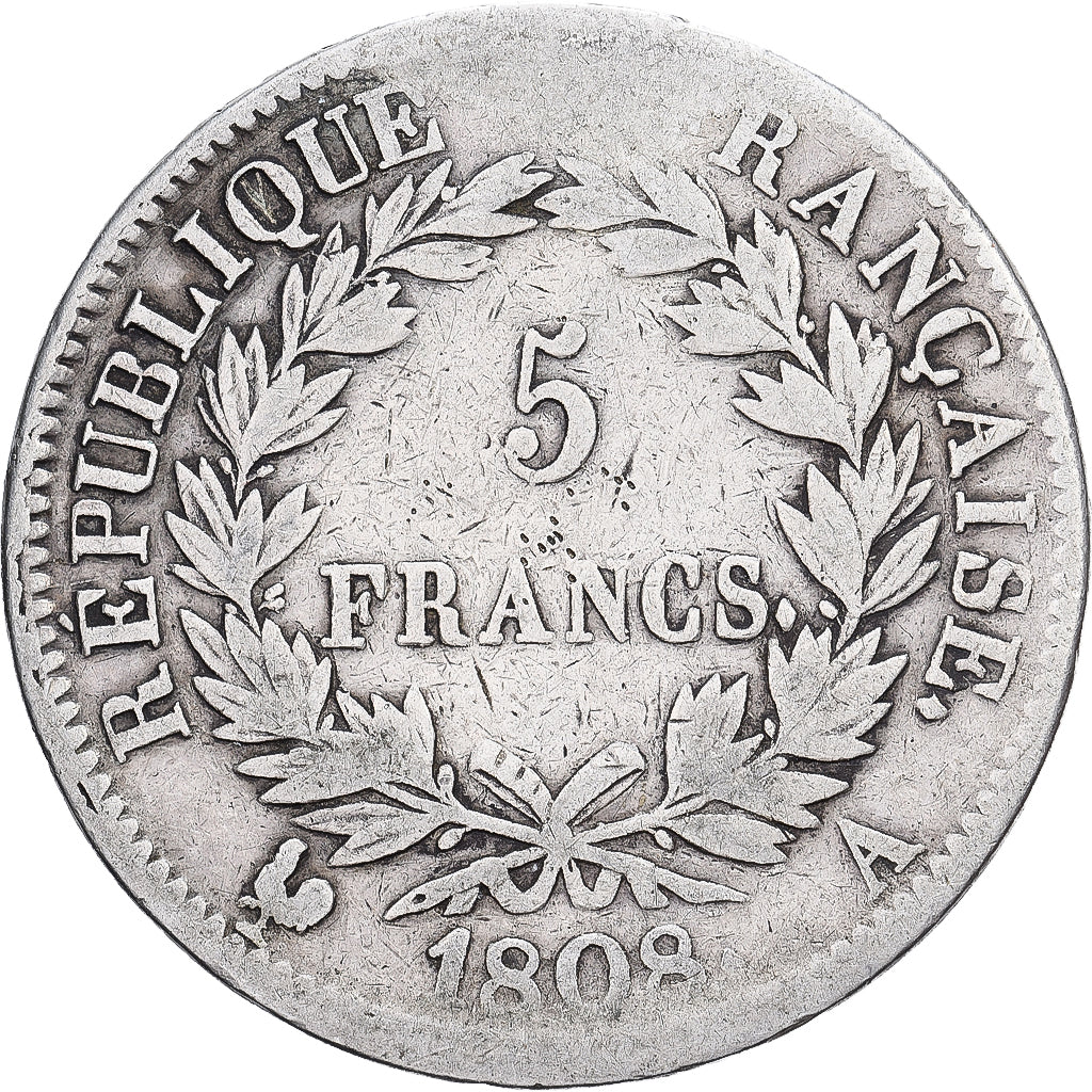 Francia, 5 Francs, Napoléon I, 1808, Paris, Plata, BC+, KM:686.1