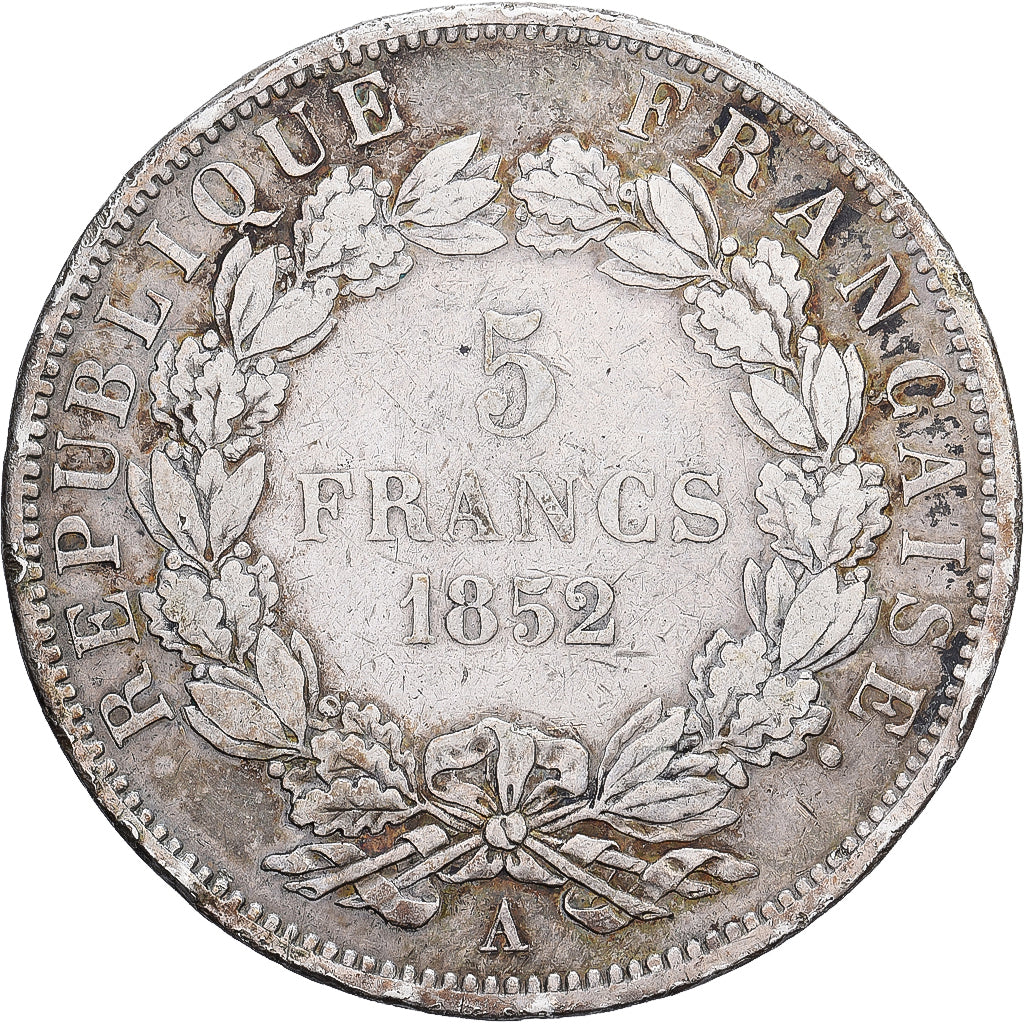 Francia, 5 Francs, Napoléon III, 1852, Paris, Plata, BC+, KM:773.1