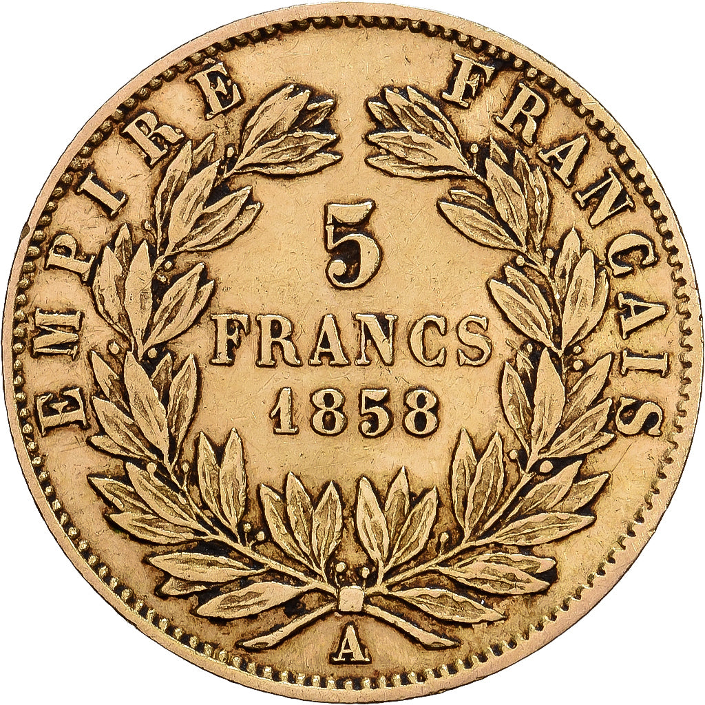 Francja, Napoleon III, 5 Francs, Napoléon III, 1858, Paris, Złoto, VF(30-35)