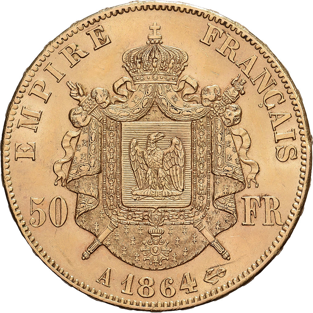 França, Napoleon III, 50 Francs, Napoléon III, 1864, Paris, Dourado
