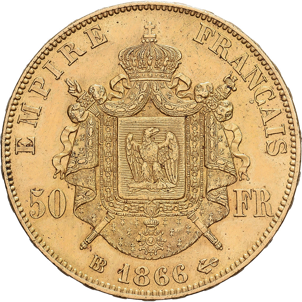 França, Napoleon III, 50 Francs, Napoléon III, 1866, Strasbourg, Dourado