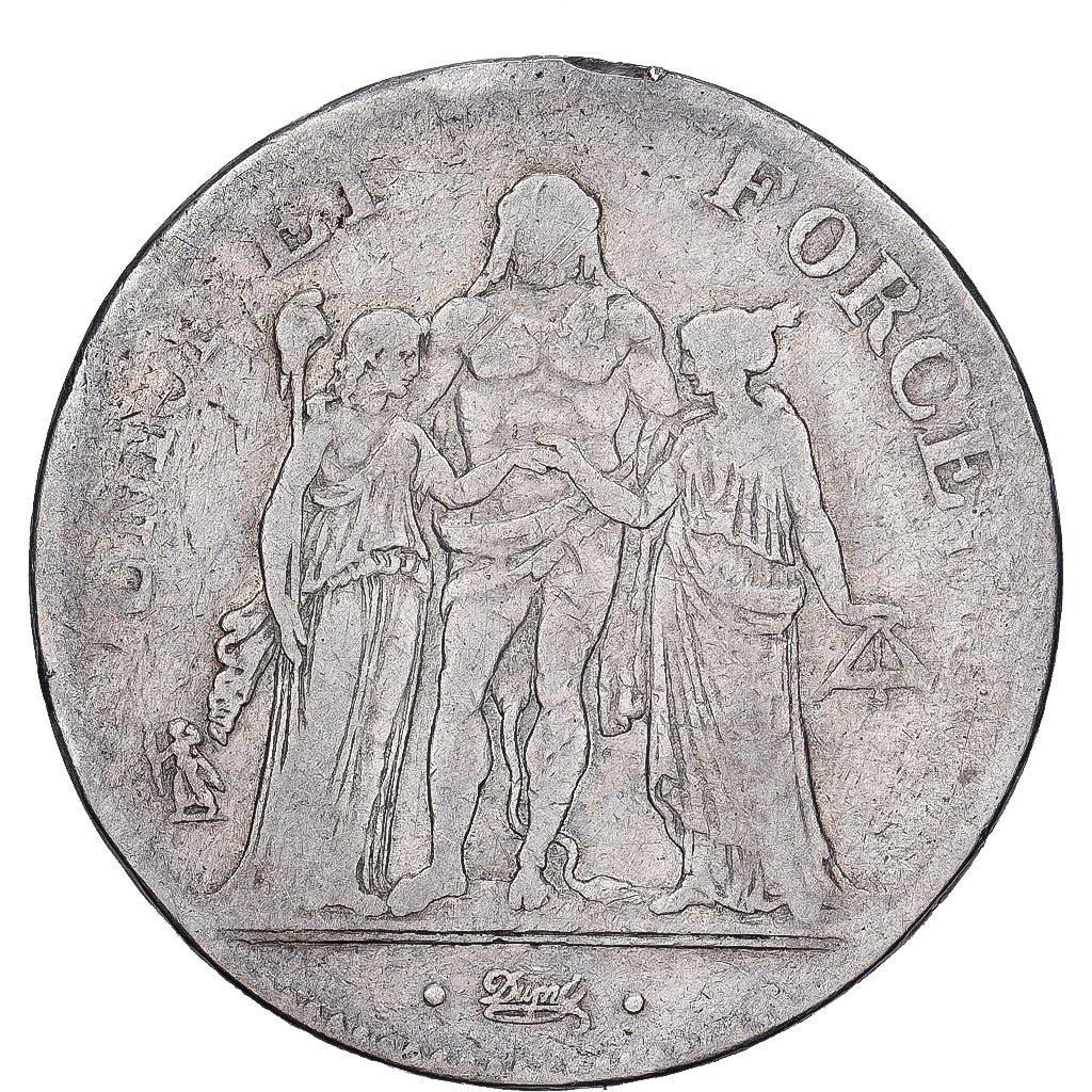 França, 5 Francs, Union et Force, 1792 / AN 4, Paris, Prata, VF(20-25)