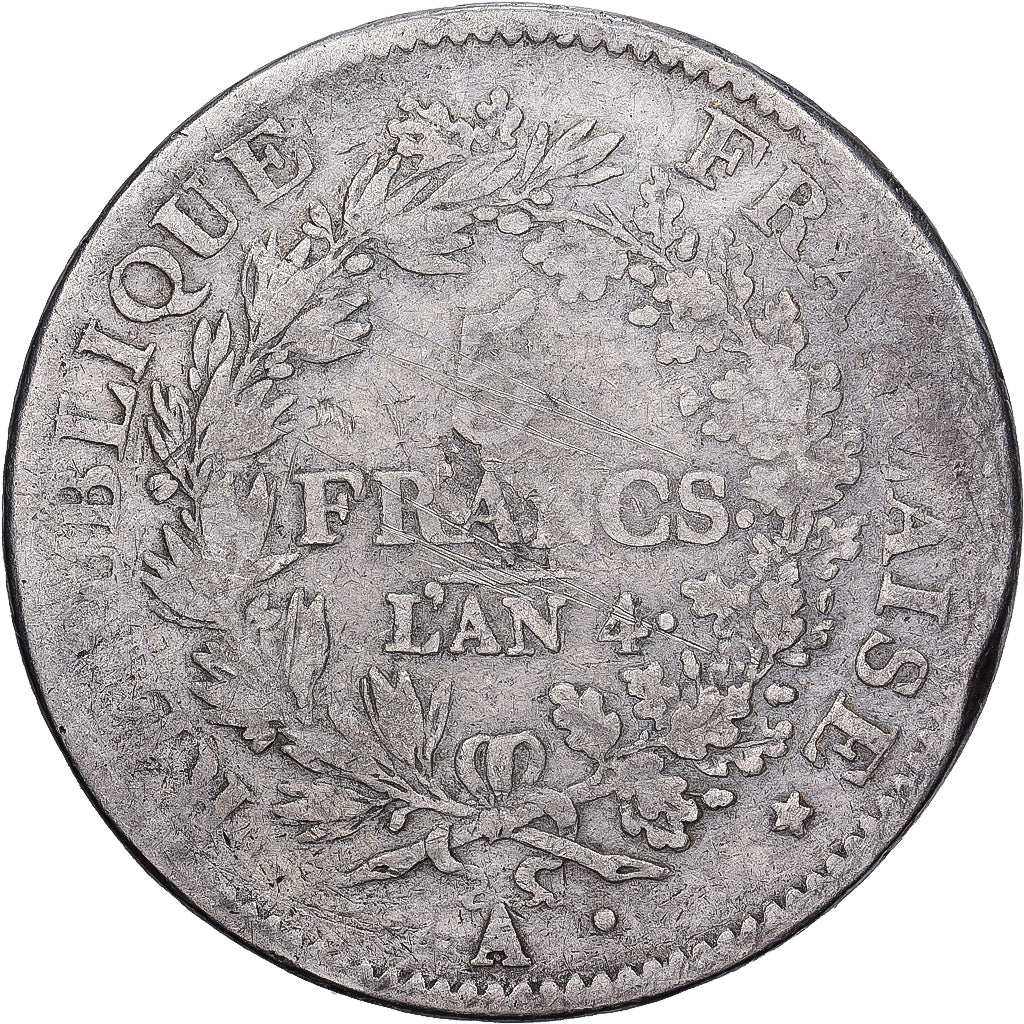 França, 5 Francs, Union et Force, 1792 / AN 4, Paris, Prata, VF(20-25)