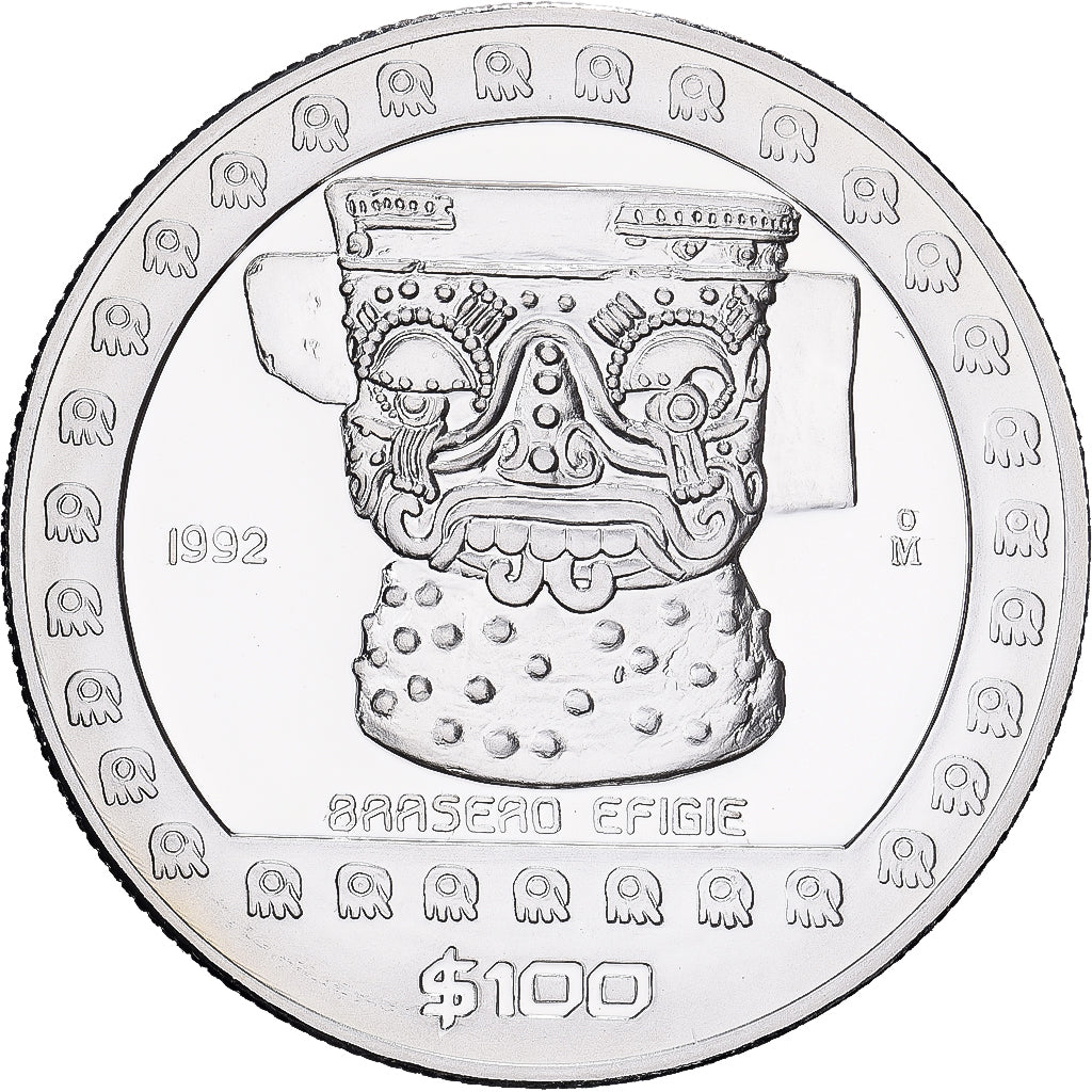 México, 100 Pesos, 1992, Mexico City, Prata, MS(64), KM:563