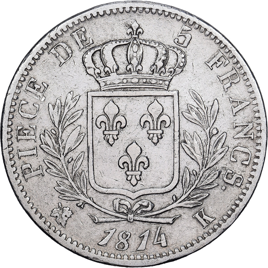 França, Louis XVIII, 5 Francs, Louis XVIII, 1814, Bordeaux, Prata, VF(30-35)