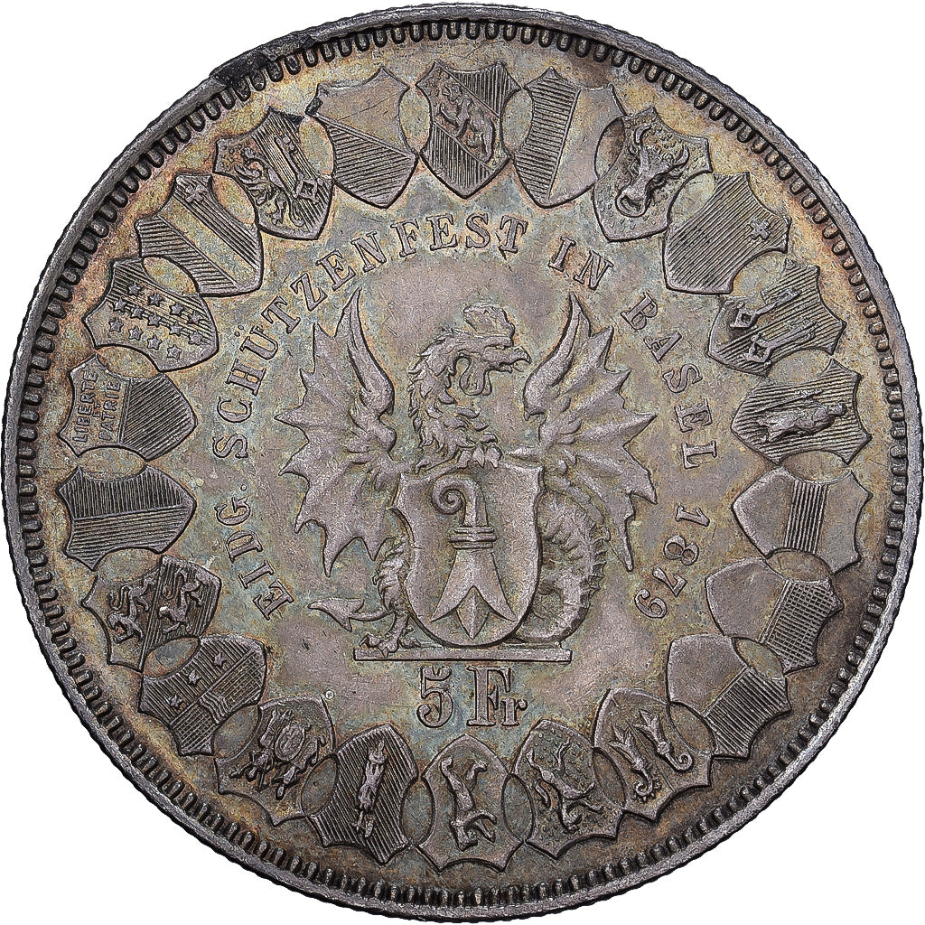 Zwitserland, 5 Francs, 1879, Bern, Fête du tir fédéral à Bâle, Zilver, PR