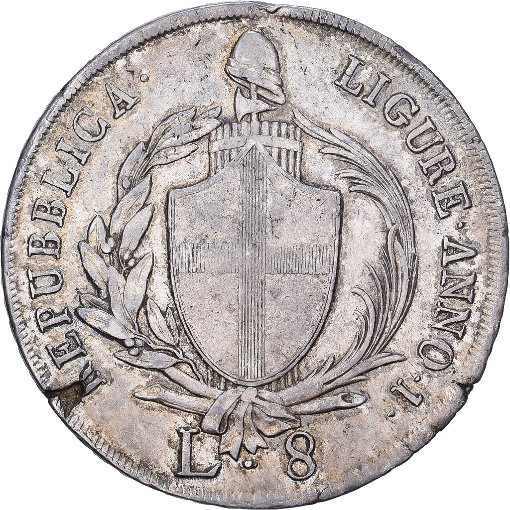 Ligurian Republic, 8 Lire, 1798, Genoa, Silver, EF(40-45), KM:266.1