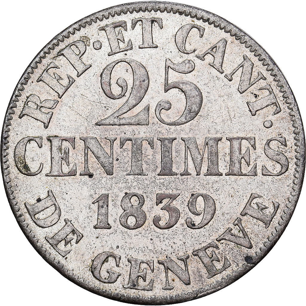 Canton of Geneva, GENEVA, 25 Centimes, 1839, Geneva, Billon, PR, KM:129