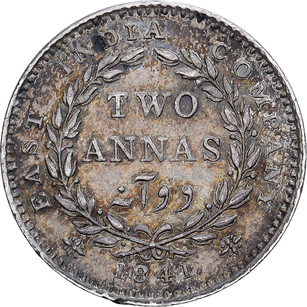 British India, Victoria, 2 Annas, 1841, Calcutta, Silver, AU(55-58), KM:460.2