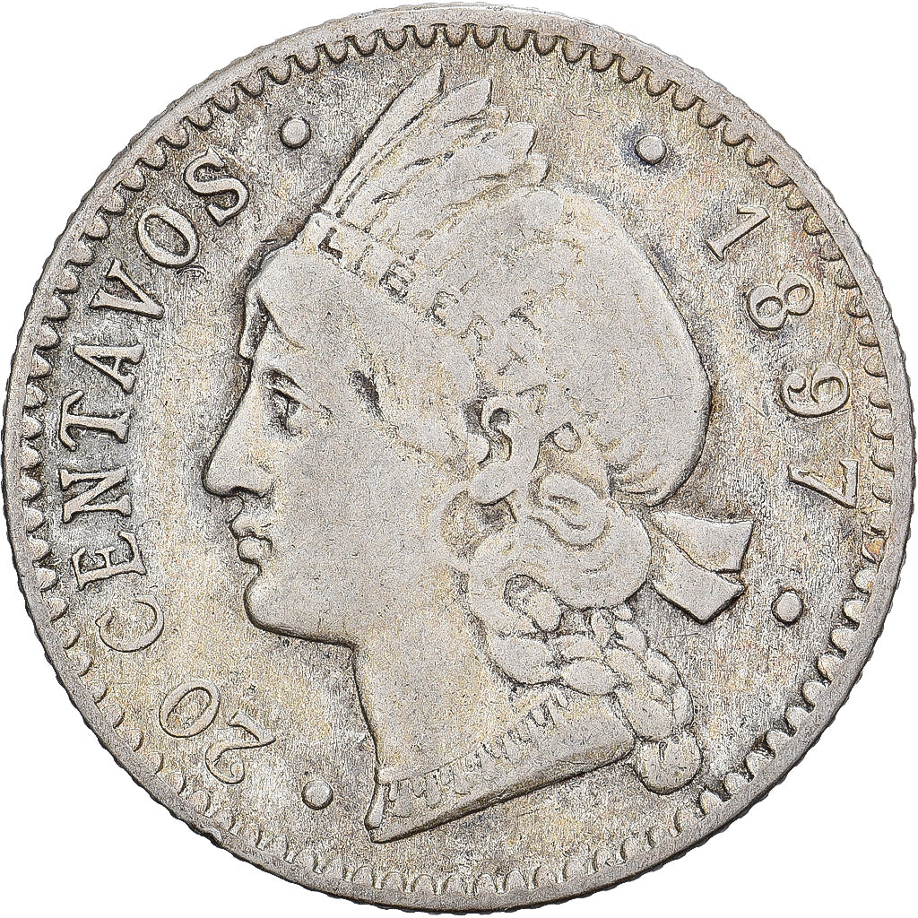 Dominicaanse Republiek, 20 Centavos, 1891, Dominican Republic Mint, Zilver, FR+