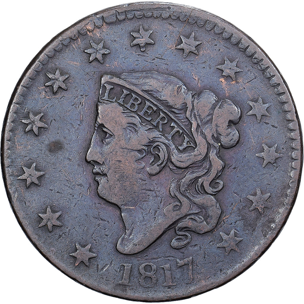 Estados Unidos, Cent, Coronet Cent, 1817, Philadelphia, Cobre, BC+, KM:45