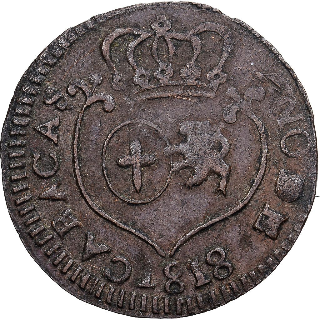 Venezuela, CARACAS, 1/4 Réal, 1818, Caracas, Cobre, VF(30-35), KM:2