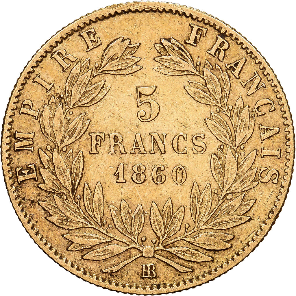 França, Napoleon III, 5 Francs, Napoléon III, 1860, Strasbourg, Dourado
