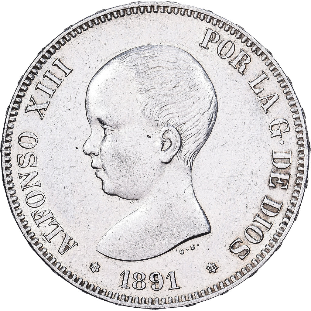 Spanien, Alfonso XIII, 5 Pesetas, 1891, Madrid, Silber, SS+, KM:689