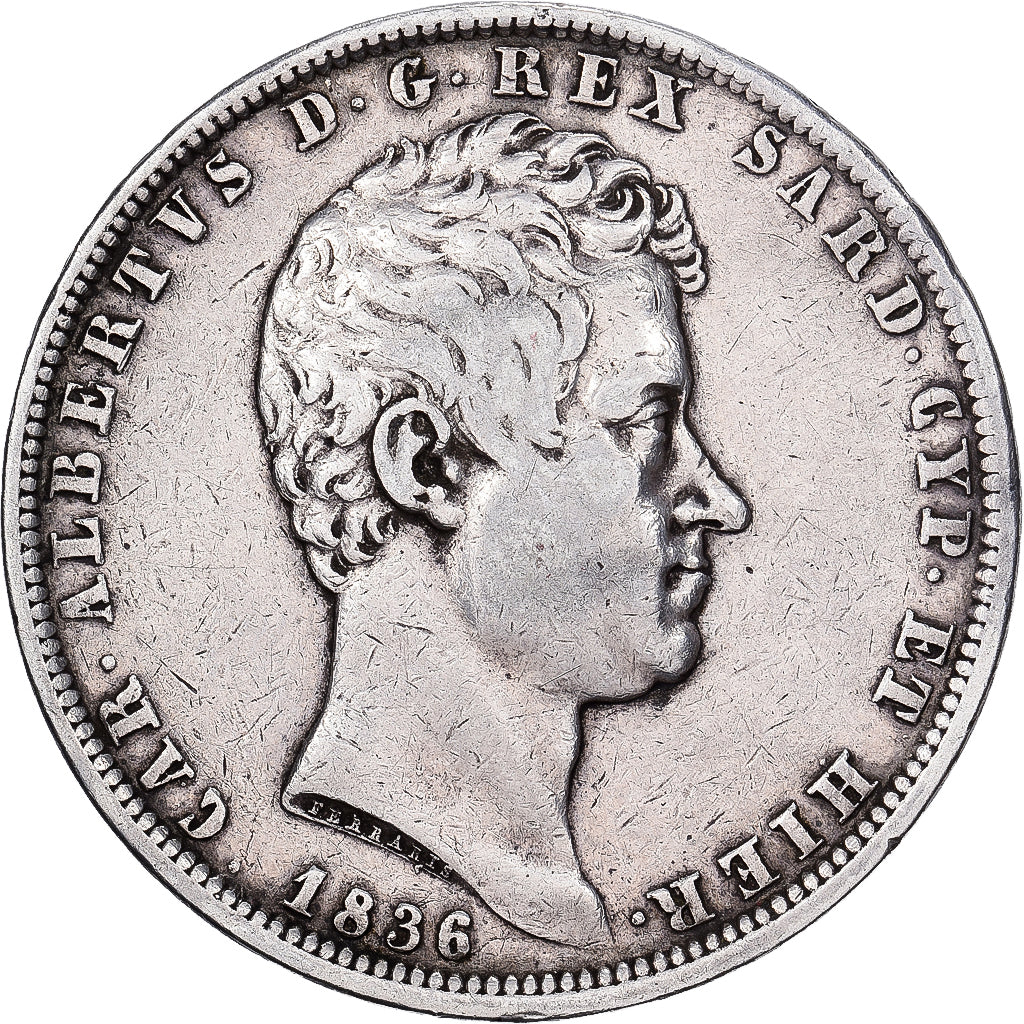 Kingdom of Sardinia, SARDINIA, Carlo Alberto, 5 Lire, 1836, Genoa, Argento, MB+