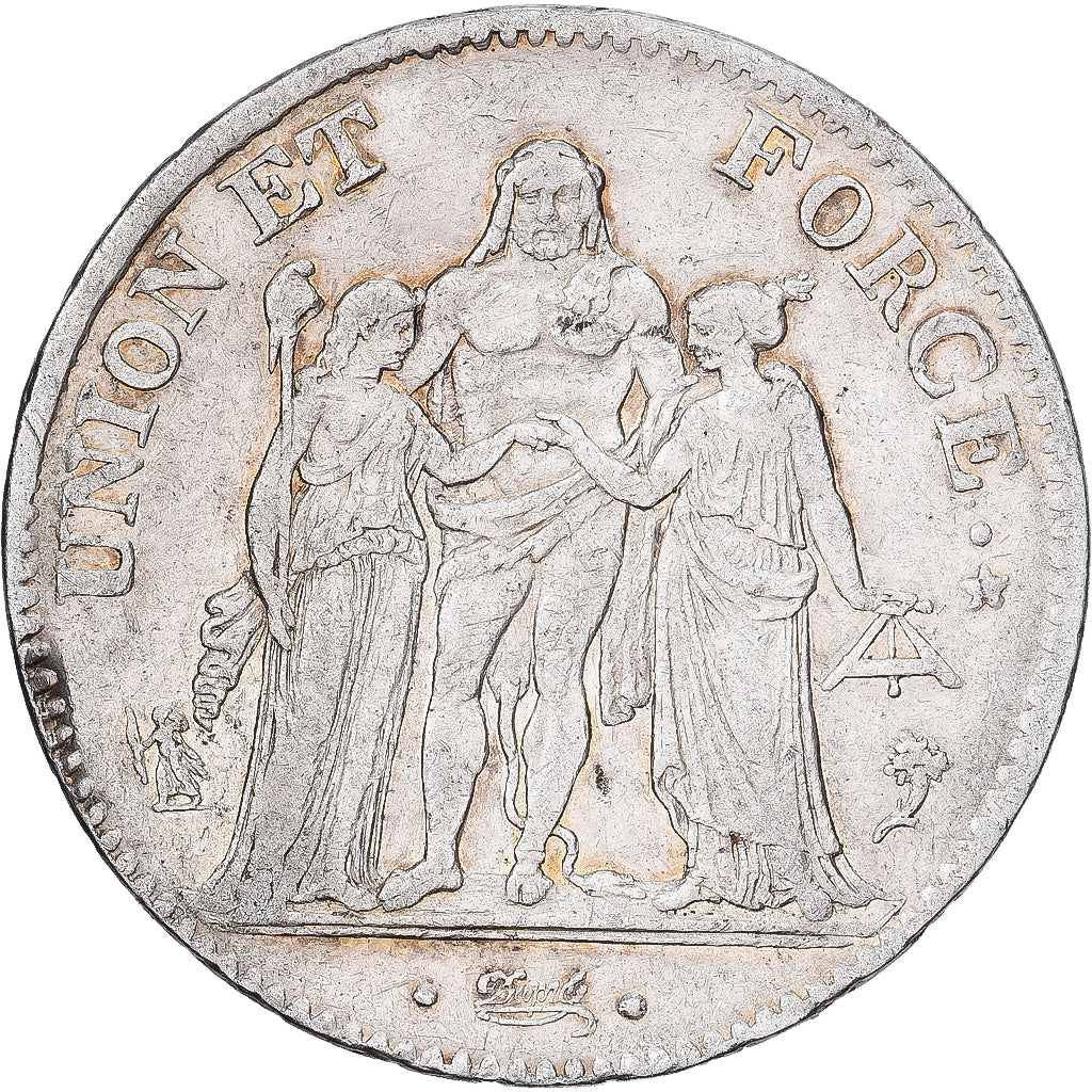 França, 5 Francs, Union et Force, AN 4, Paris, Prata, VF(20-25), KM:639.1