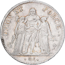 França, 5 Francs, Union et Force, AN 4, Paris, Prata, VF(20-25), KM:639.1