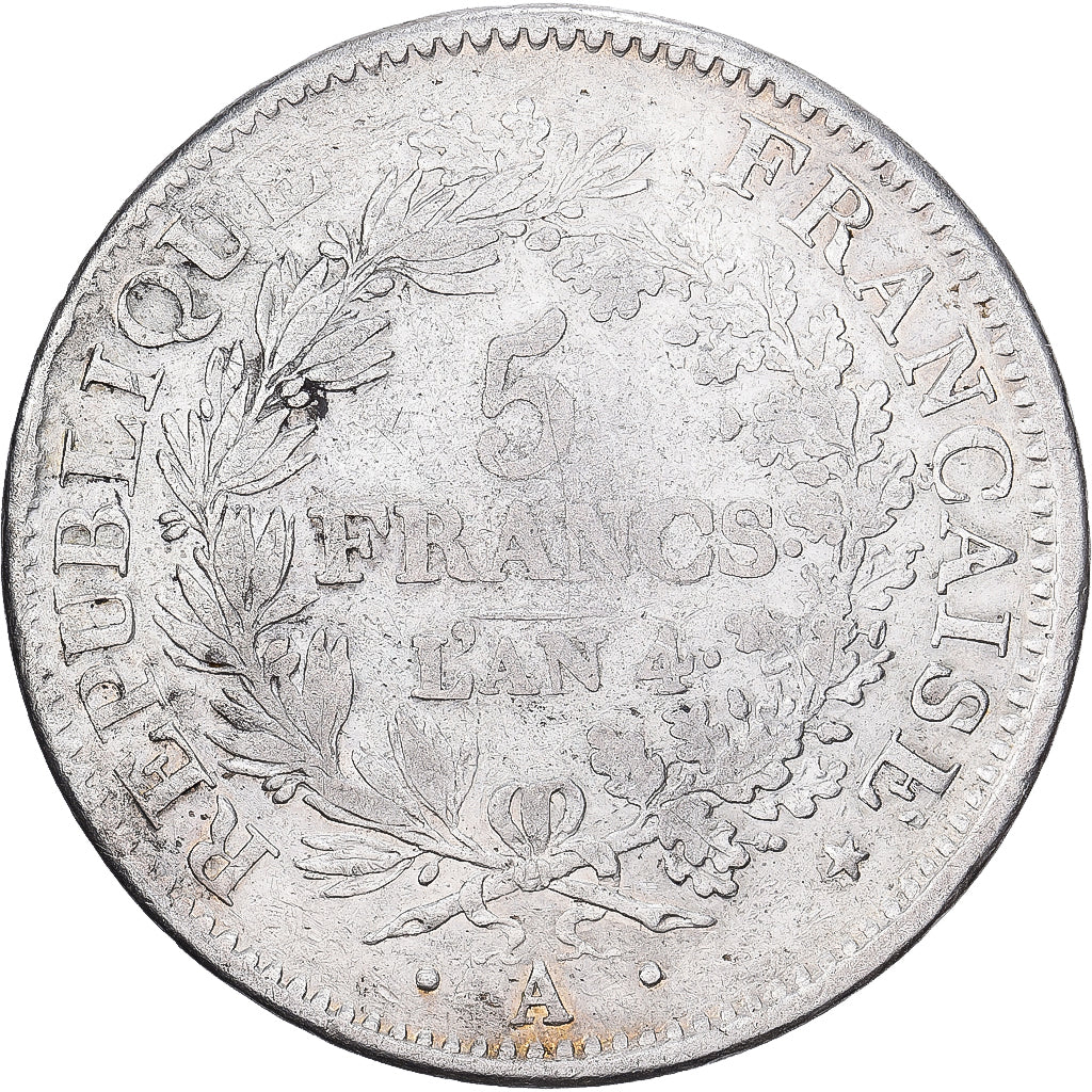 França, 5 Francs, Union et Force, AN 4, Paris, Prata, VF(20-25), KM:639.1
