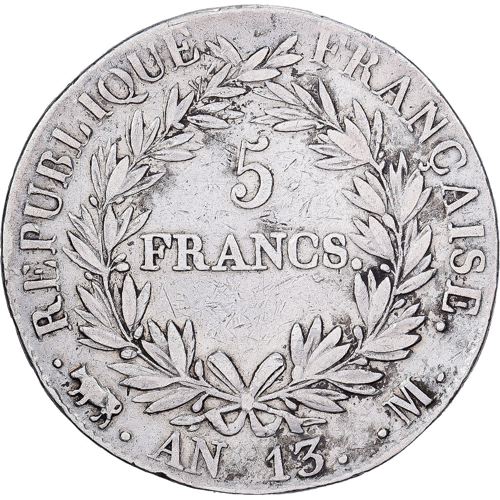 França, 5 Francs, Napoléon I, AN 13, Toulouse, Prata, VF(30-35), KM:662.10