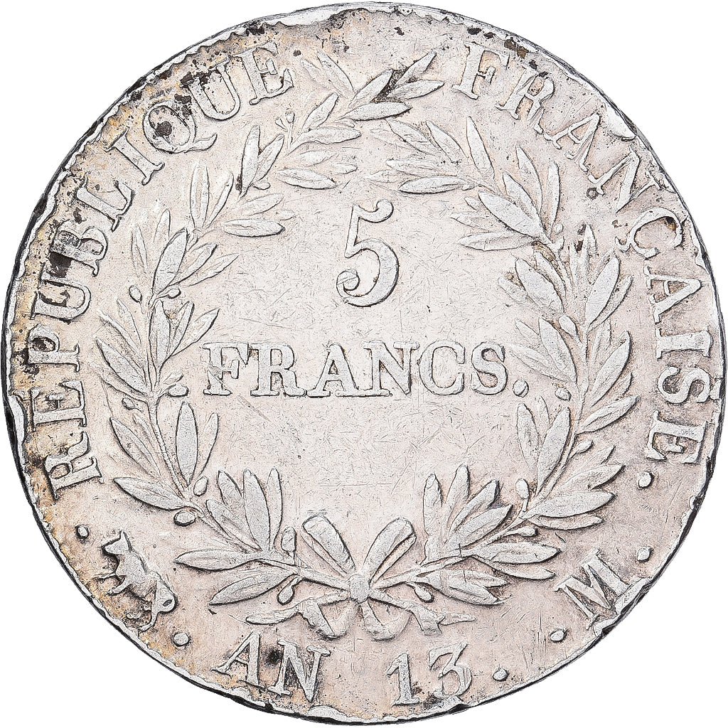 França, 5 Francs, Napoléon I, AN 13, Toulouse, Prata, VF(30-35), KM:662.10
